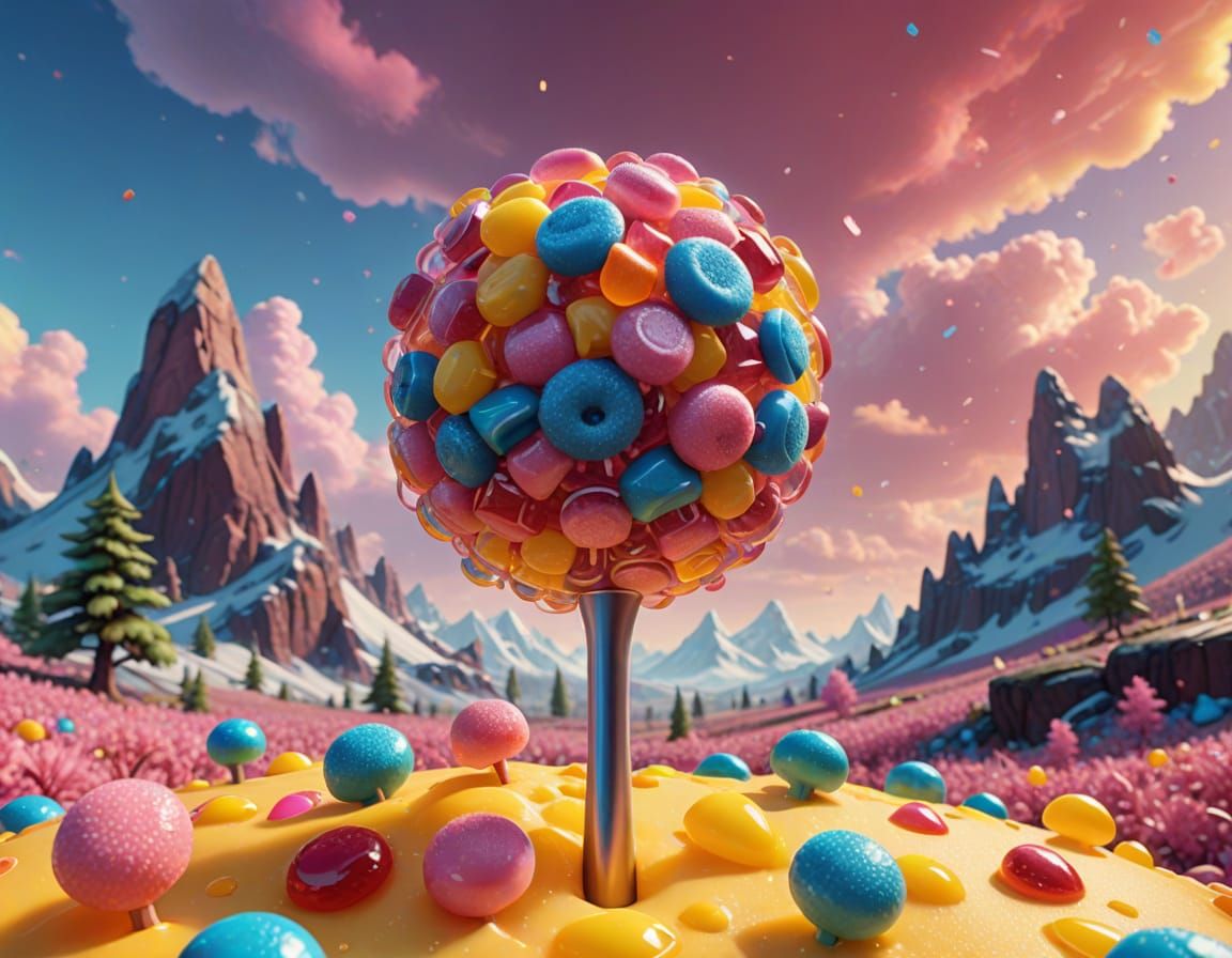 Vibrant Candy Landscape in Whimsical Pixar Style