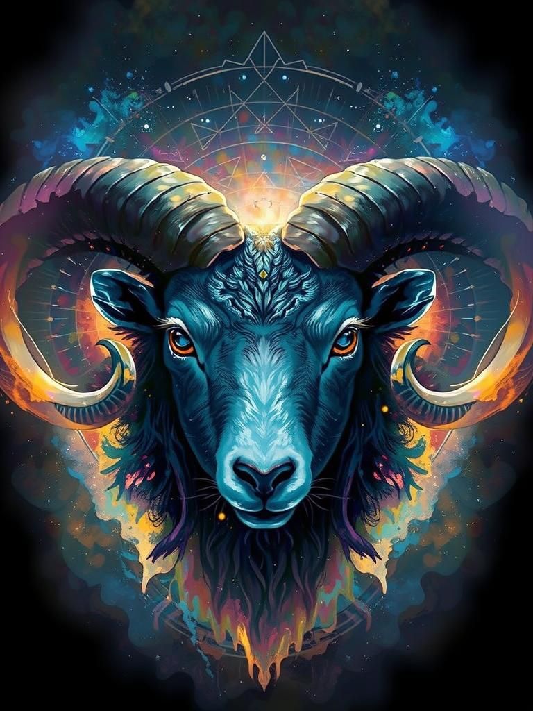 Regal ram with majestic horns, standing proudly amidst a swirling cosmos, its fur rendered in bold, expressive European ...