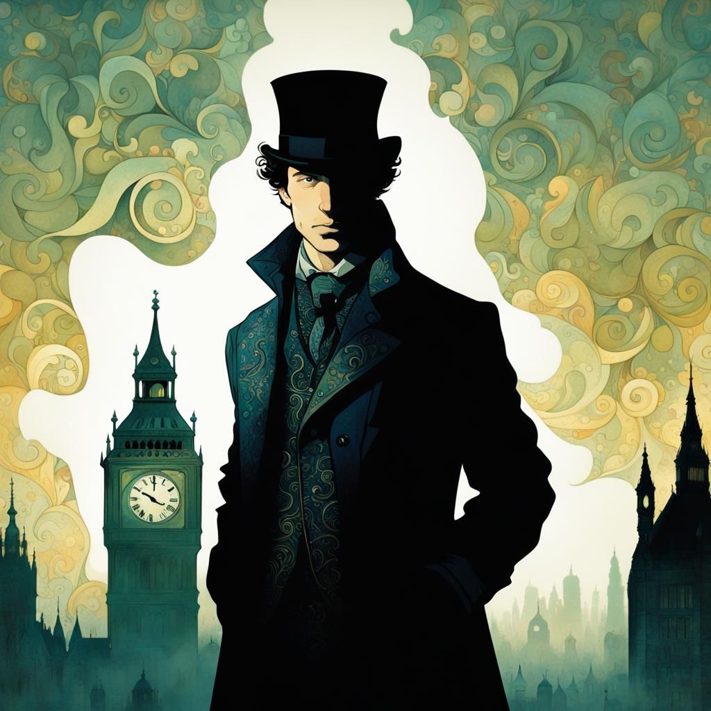 Sherlock Holmes Silhouette in Foggy London Watercolor