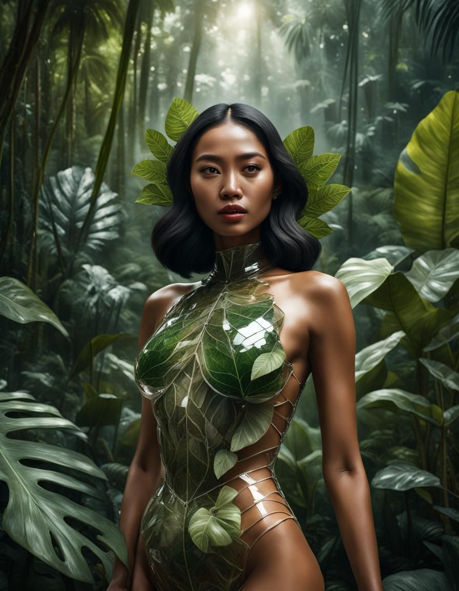 Glass Woman with Plants in Jungle: Hyperrealistic Photo