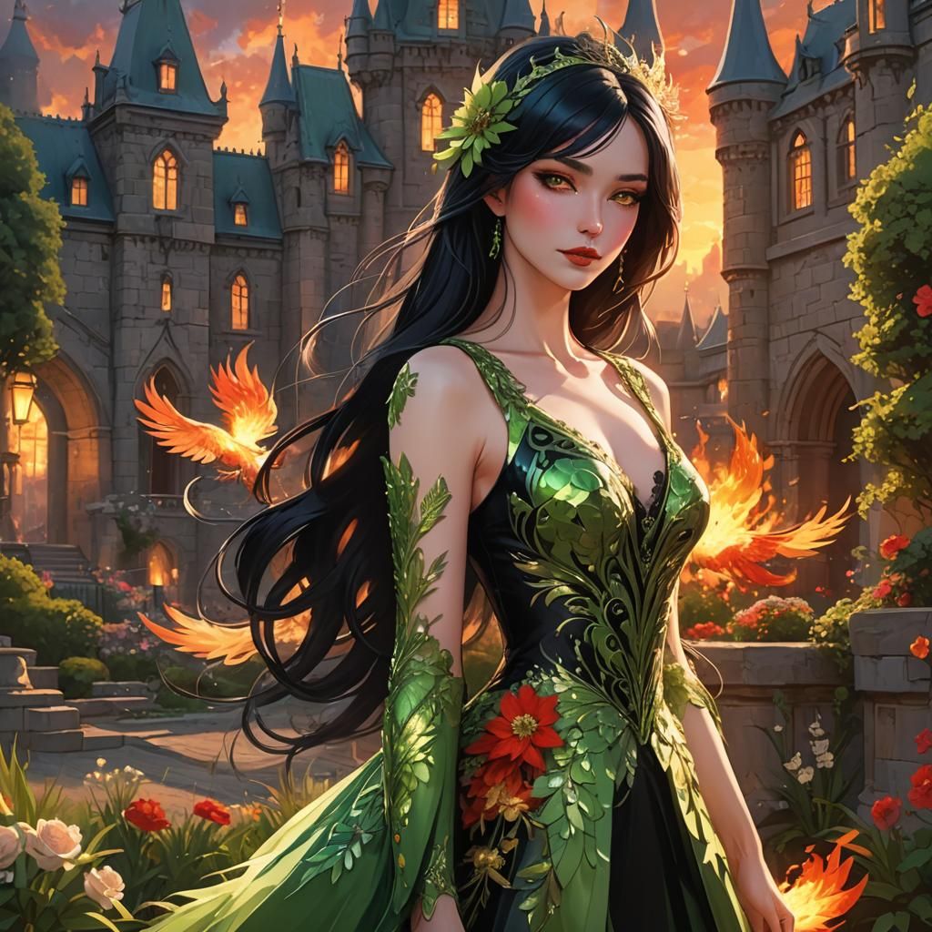 Radiant Woman in Phoenix Dress with Burning Castle