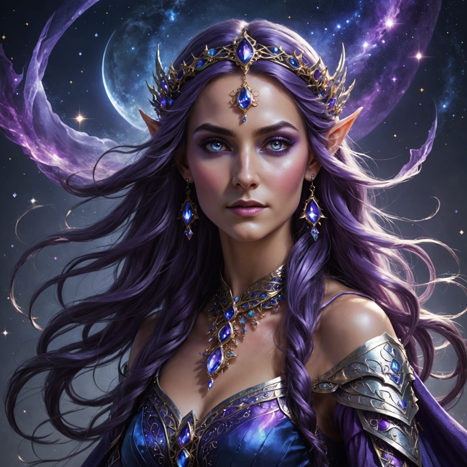 Elf Woman Radiating Celestial Energy in Blue & Purple