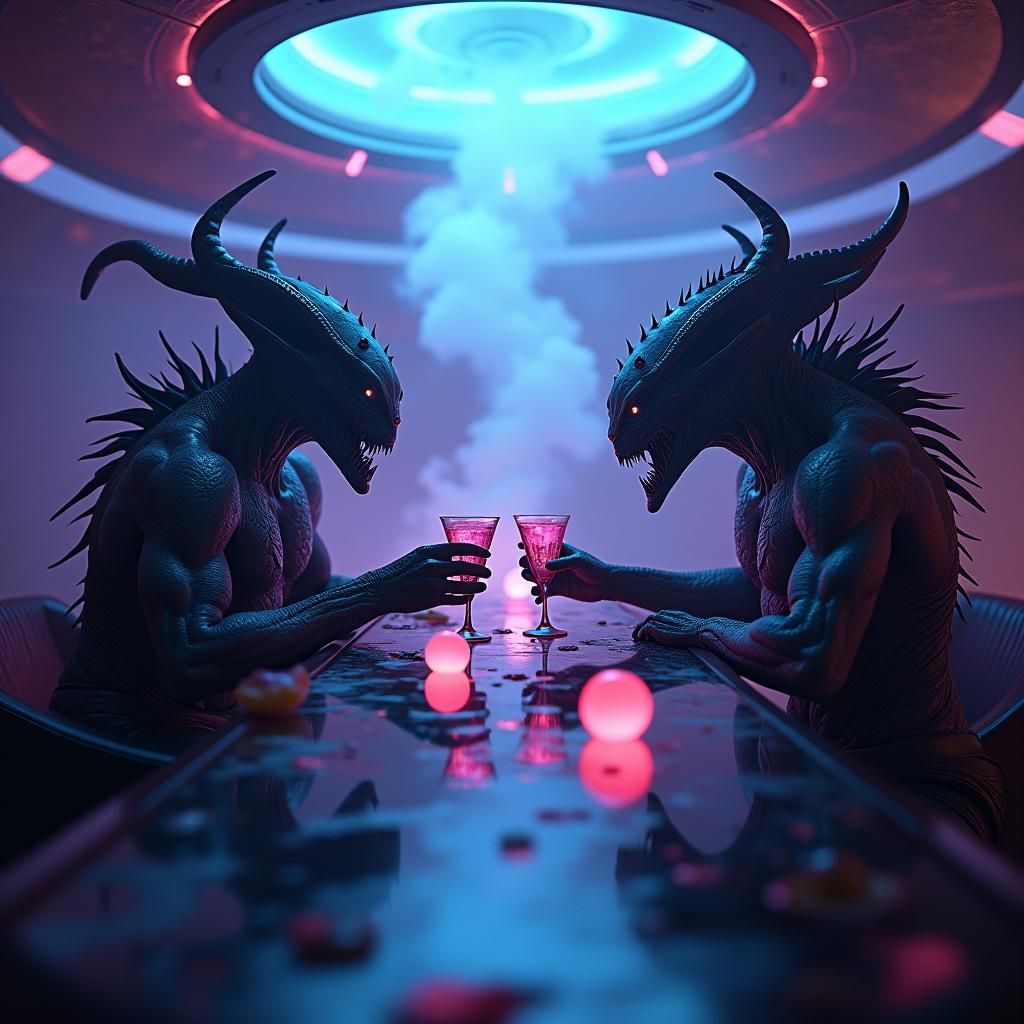 Demonic Aliens Toast in UFO, Sci-Fi Fantasy