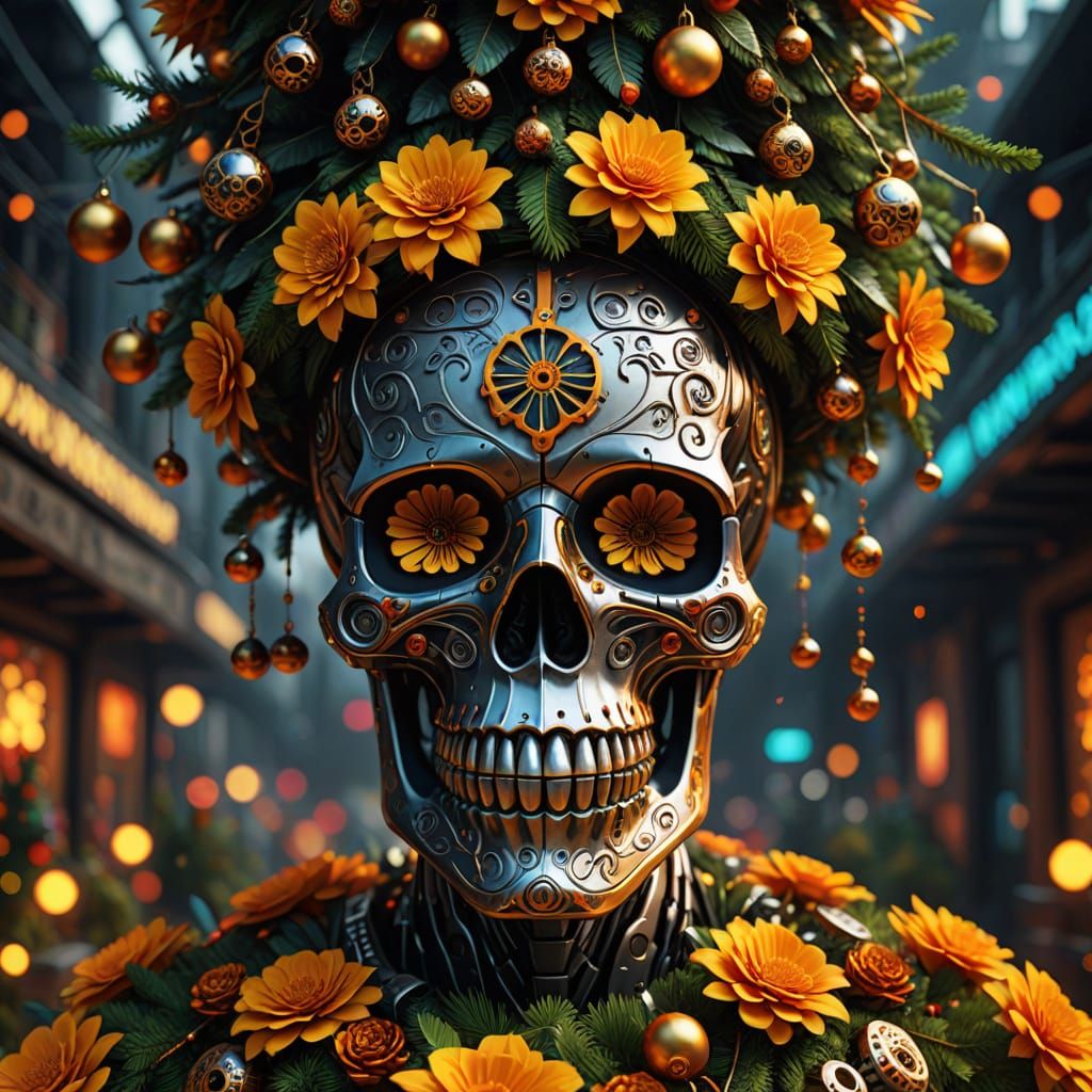 Futuristic Day of the Dead Christmas Tree Illustration