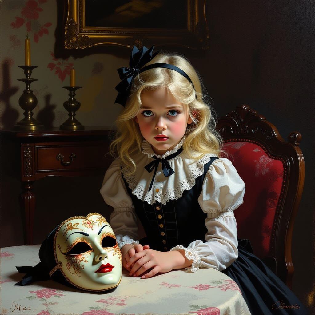 Girl's Fear of Venetian Mask in Chiaroscuro Oil Painting