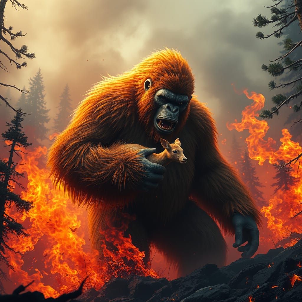 Majestic Bigfoot Emerges from Wildfire with Fawn in Arm, in ...