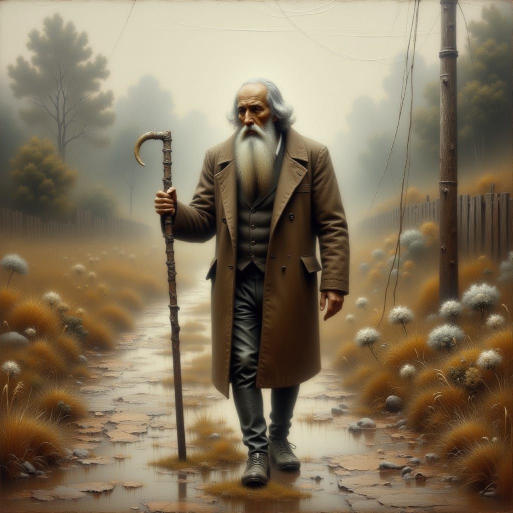 Old Man Walking with Golden Leaf Dust Effect