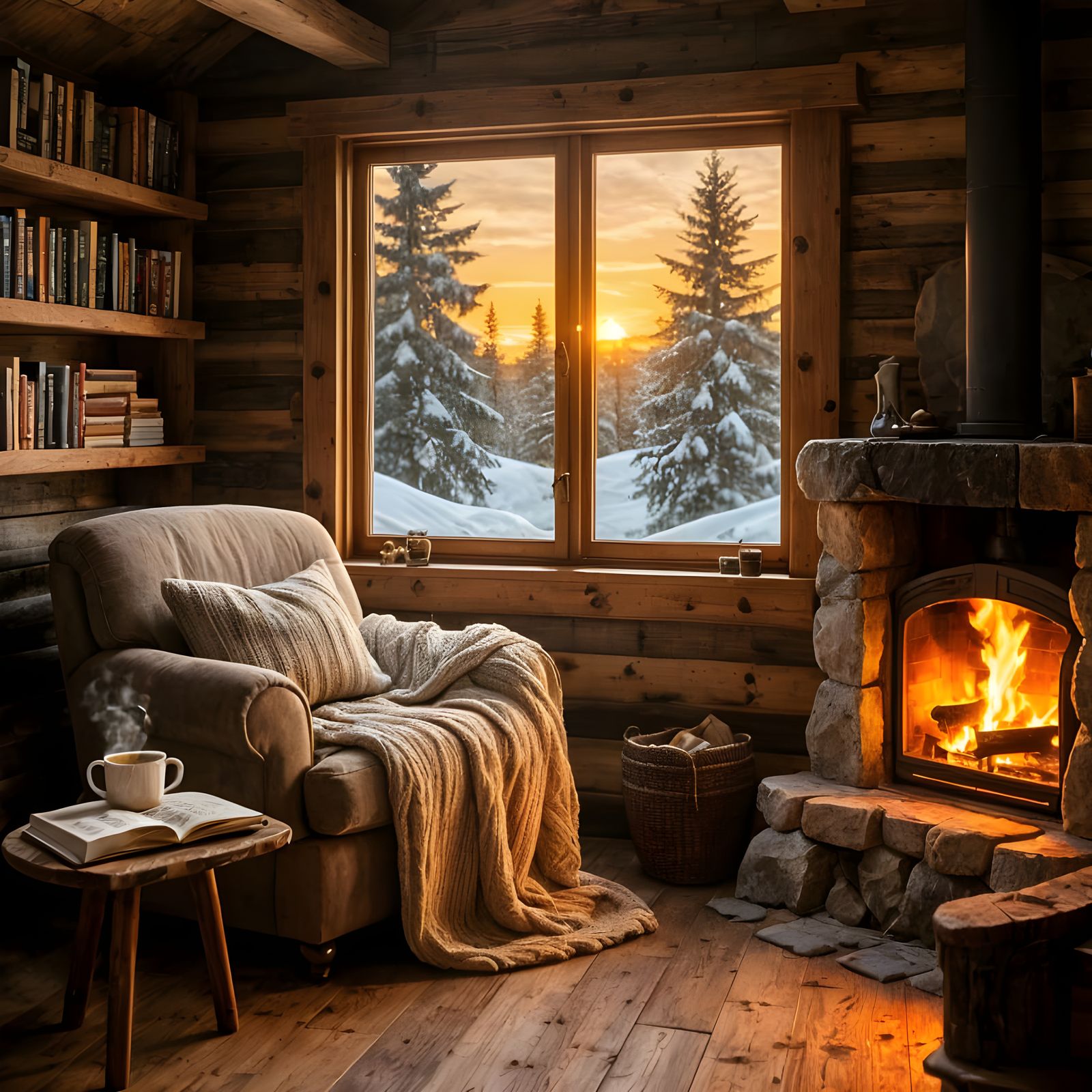 Cozy Cabin Reading Nook at Sunset