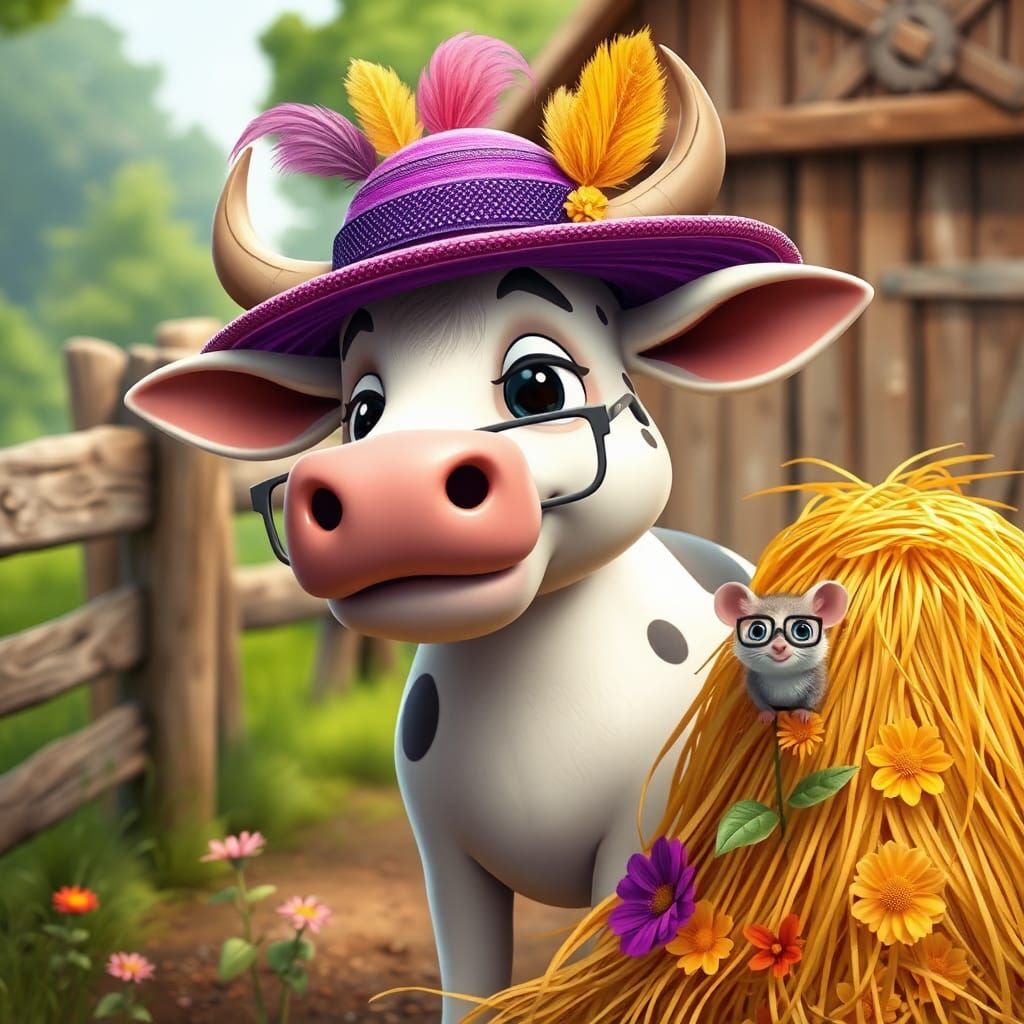 Cartoon Cow with Purple Hat in Whimsical Barnyard