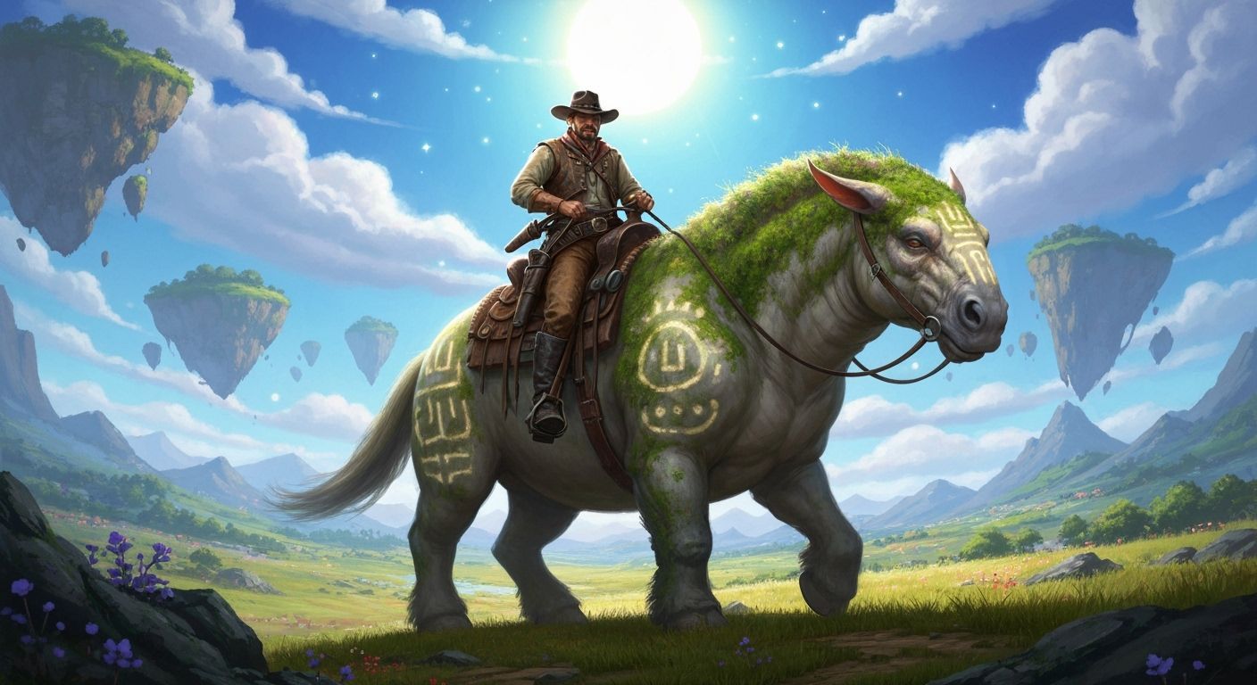Fantasy Cowboy Rides Giant Creature Under Twin Suns