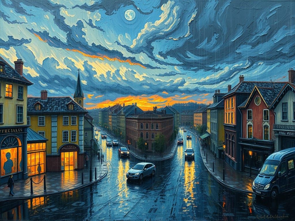 Dramatic Rainy Cityscape in Van Gogh Style