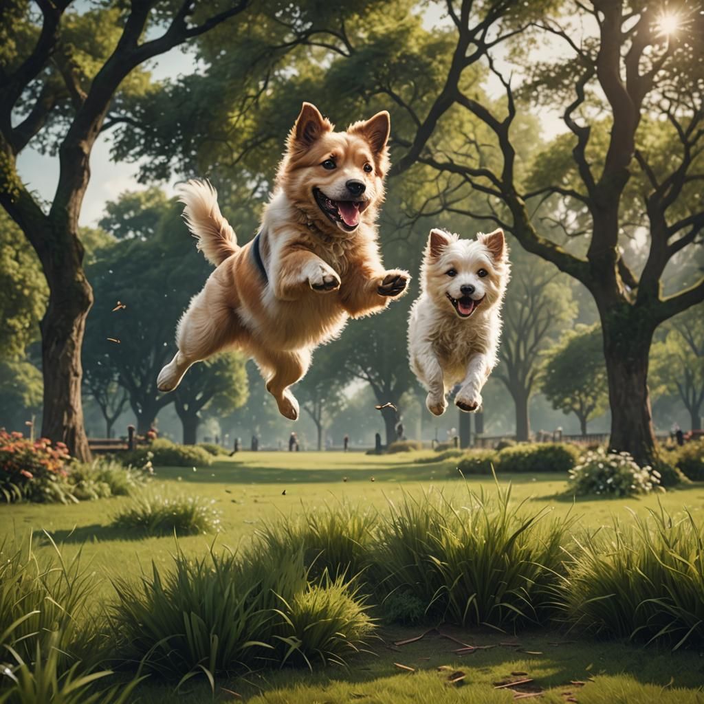 Adorable Dog Jumping Gracefully in Park Scene