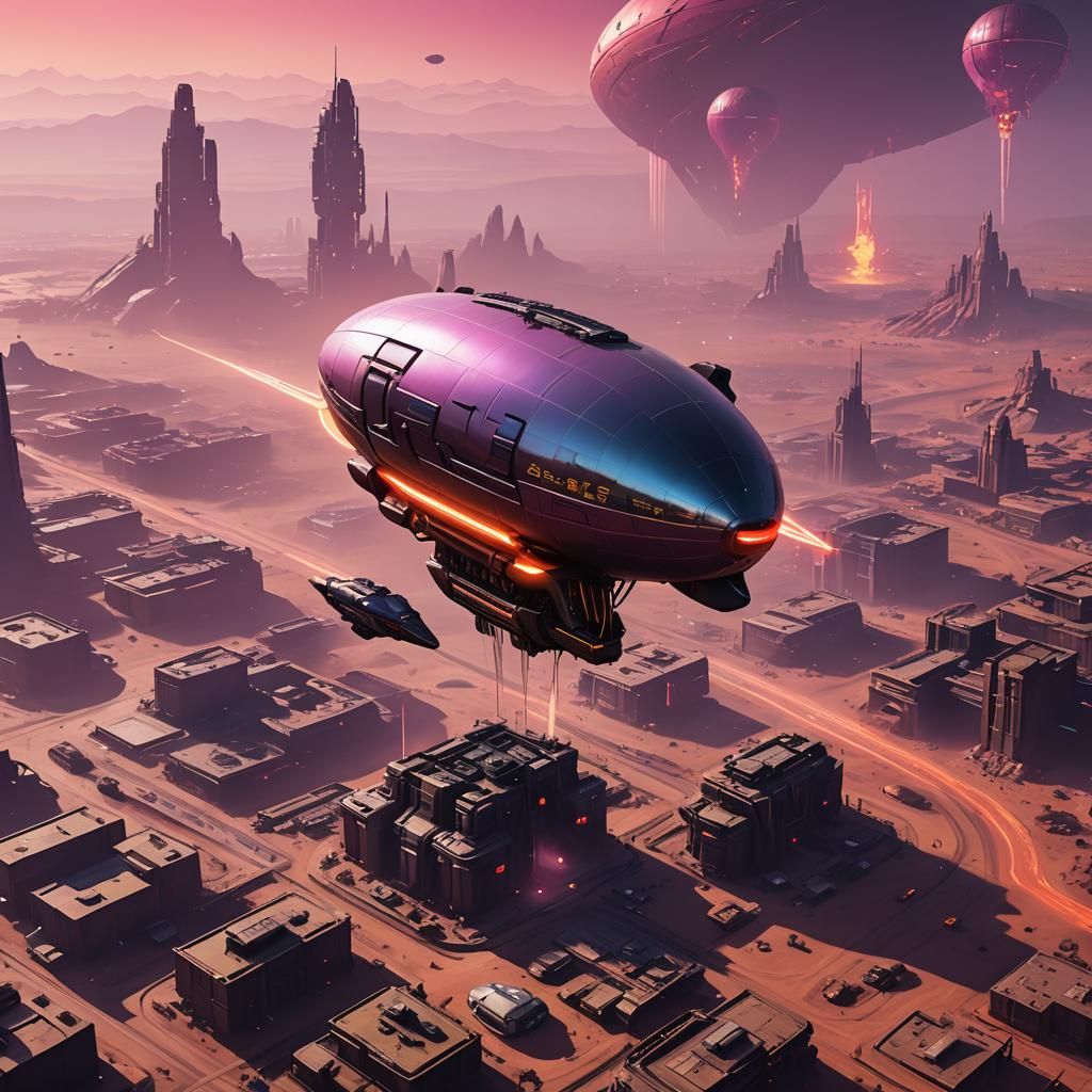 Blimp Spaceship on Alien Cowboy Planet in Cyberpunk Style