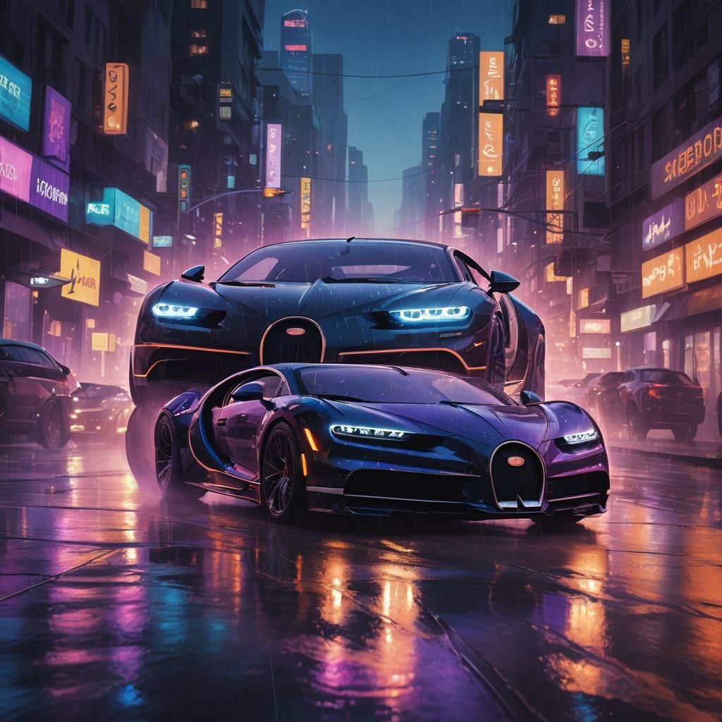 Bugatti Chiron Speeding Through Neon Cityscape