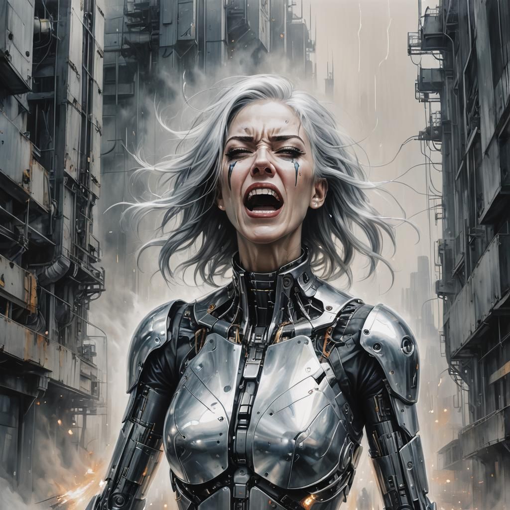 Cyborg Girl Screaming in Factory, Dreamcore Style