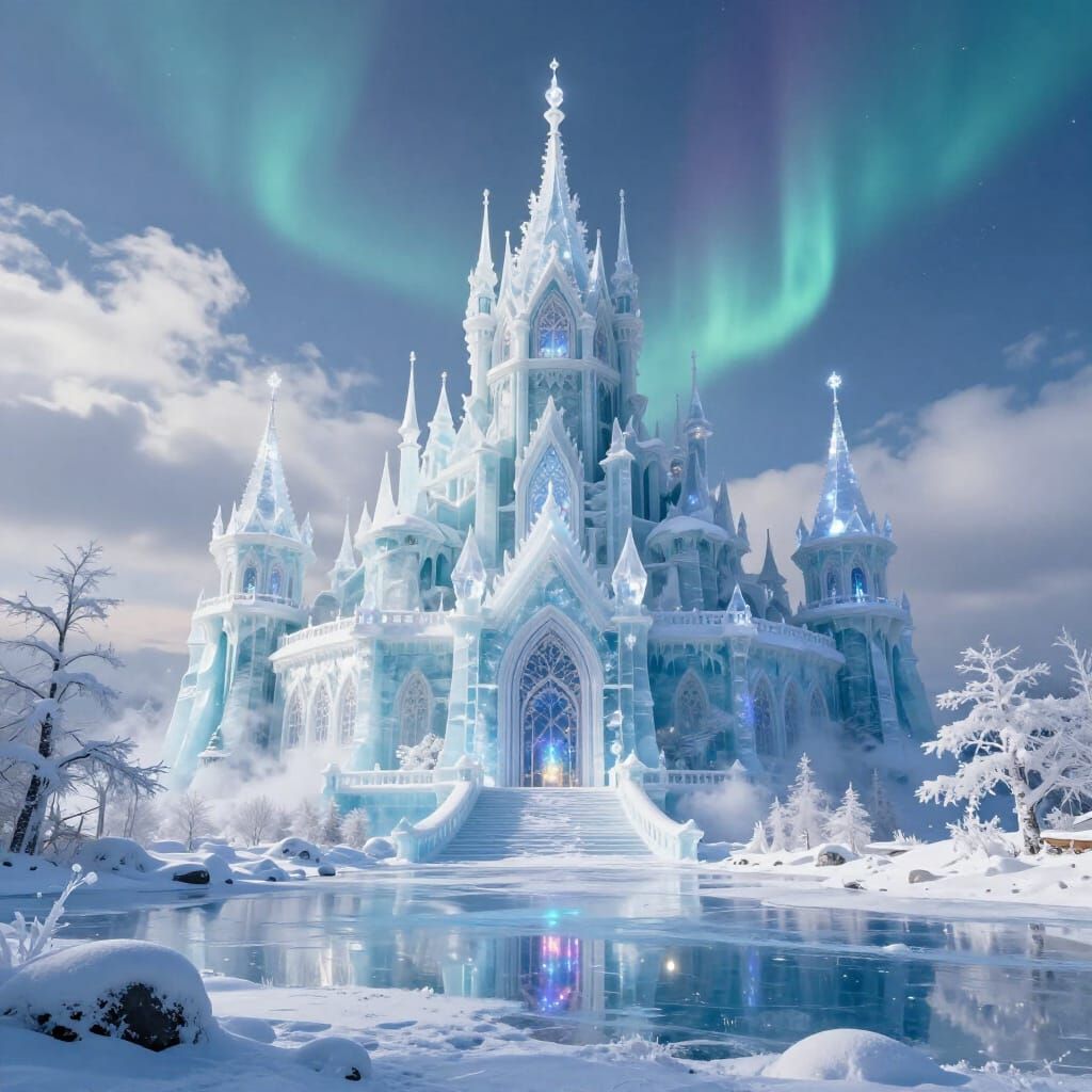 Majestic Ice Castle in Snowy Landscape