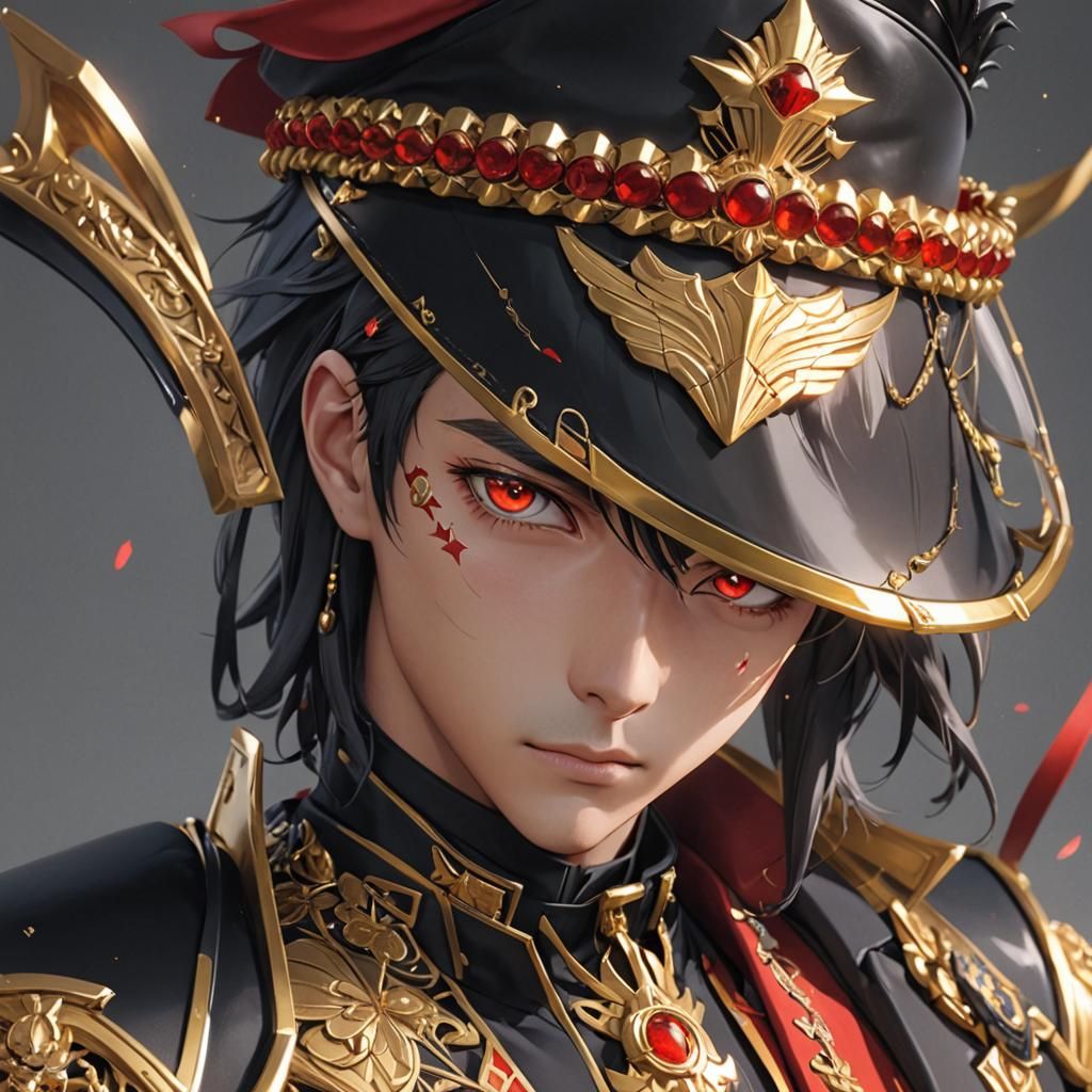 Male anime type character with a black commander's uniform adorned with gold and red details.