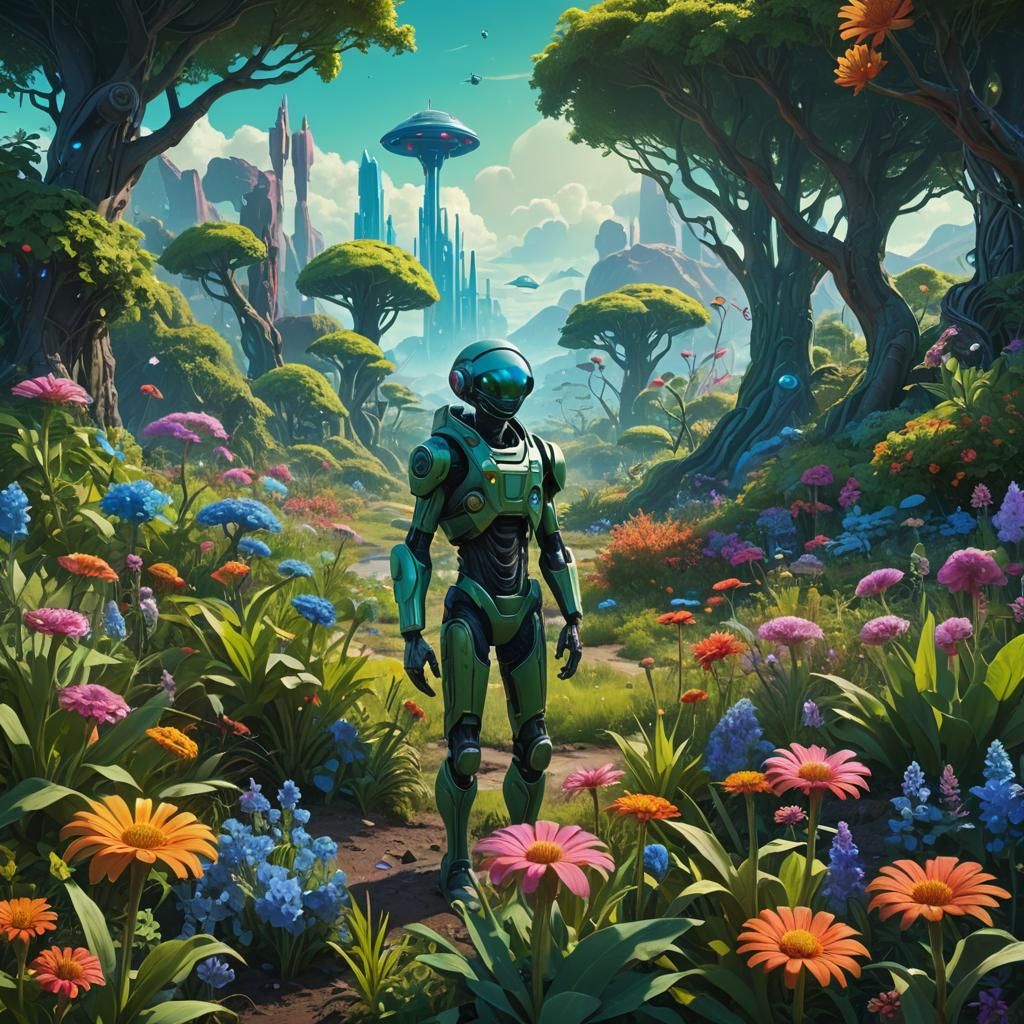 Benevolent Alien in Earth Garden: Digital Matte Painting