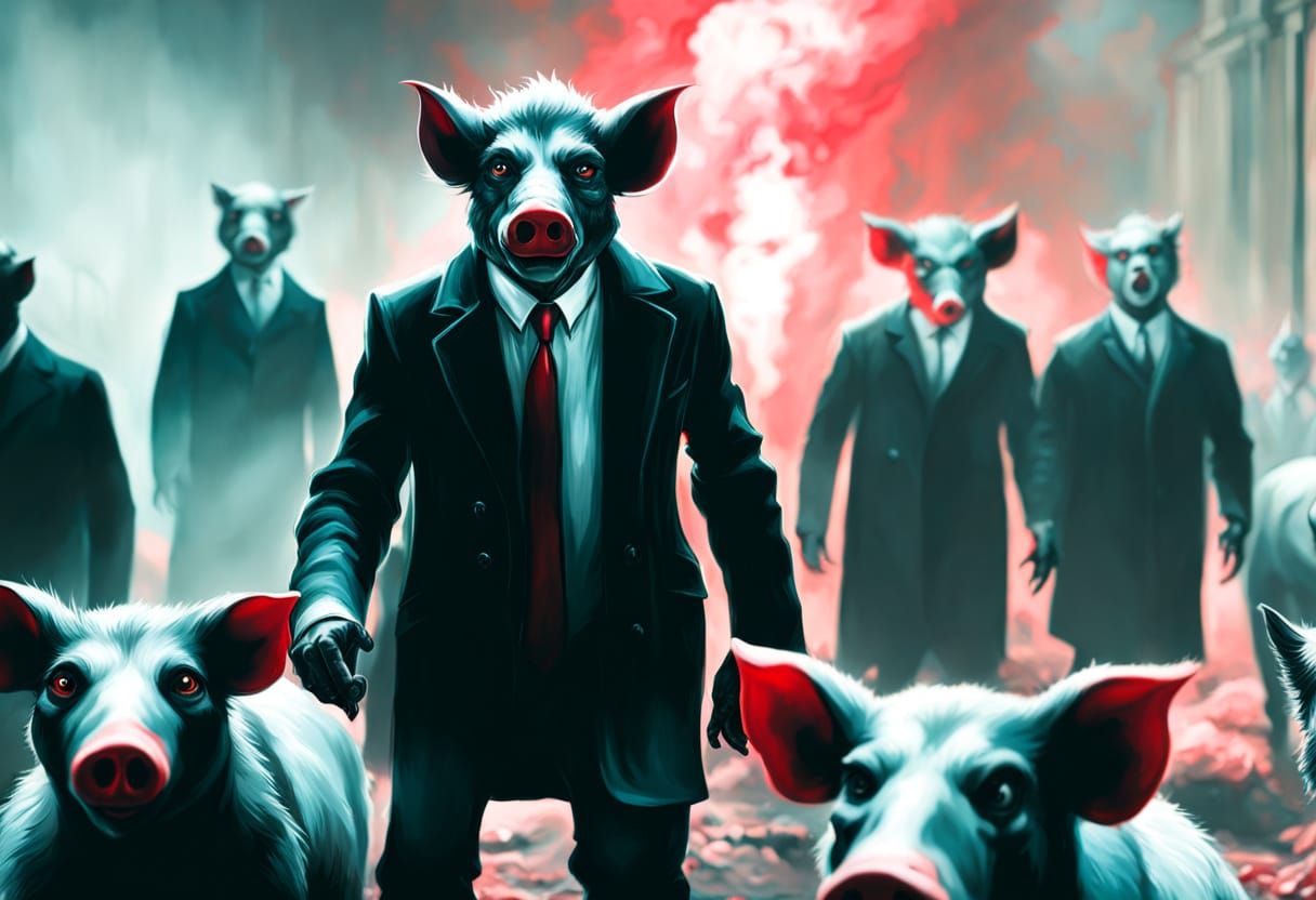 Sinister Satan and Pigs in Dark Surrealism Style