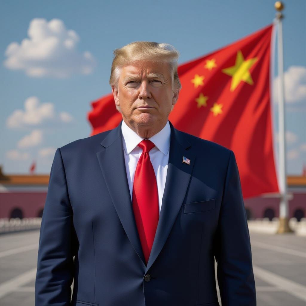 Photorealistic Portrait of Donald Trump with Chinese Flag