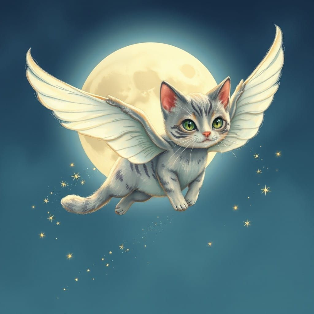 Whimsical Flying Cat Soars Through Moonlit Sky