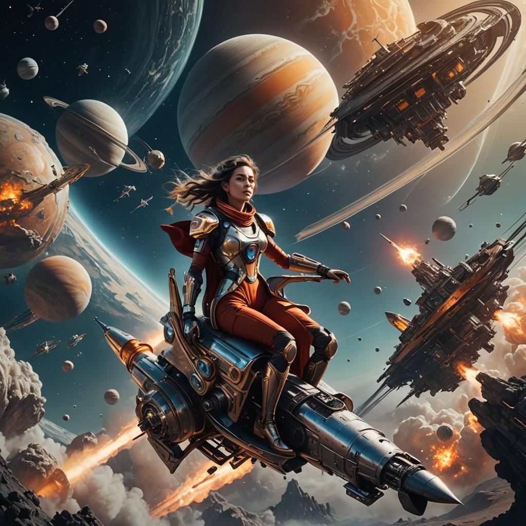 Woman Rides Rocket in Saturn Orbit, Digital Art