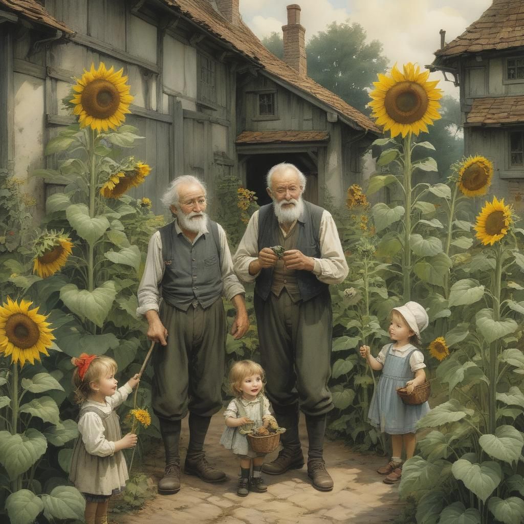 Grandfather and Grandchildren Amongst Sunflowers