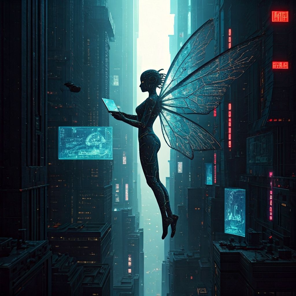 Cyberpunk Fairy Repairs Drones in Futuristic Cityscape