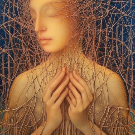 Surreal Sunset-Human Hybrid in Glass Forest