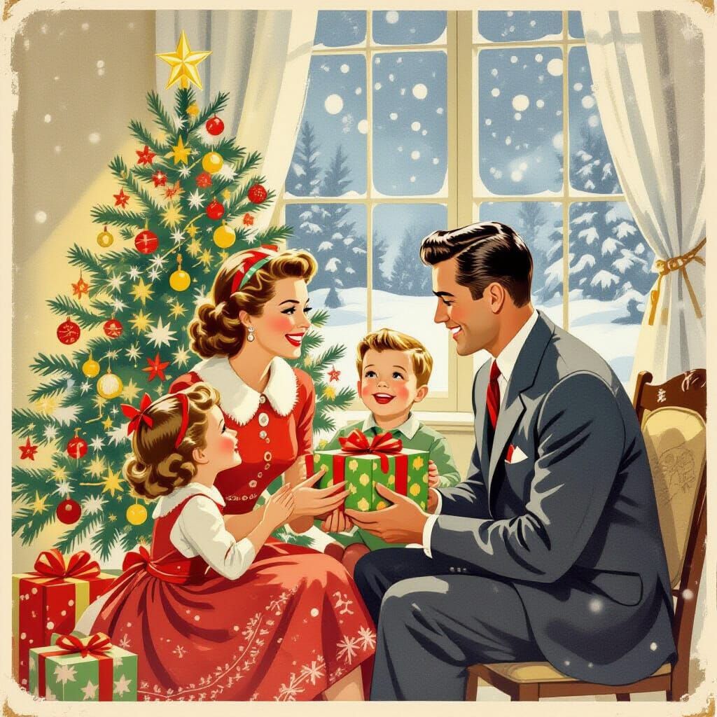 Vintage 1950s Family Christmas Card Illustration