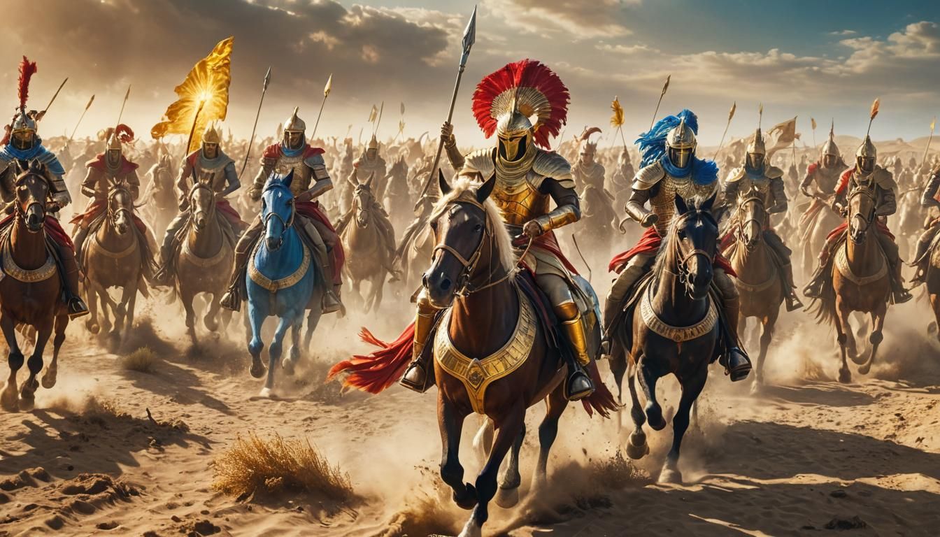 Epic Fantasy Battle Scene in Golden Armor