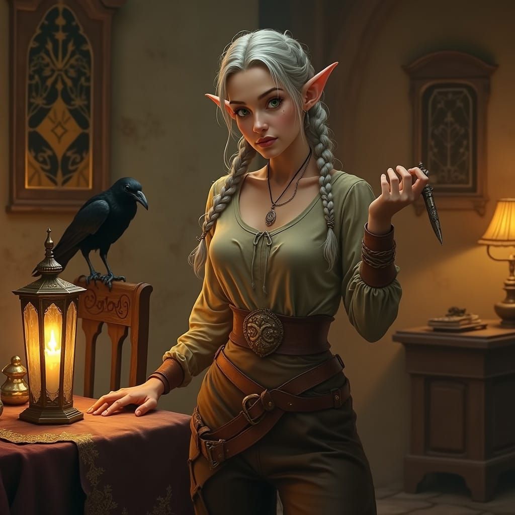 Half-Elf Woman in Earth-Toned Attire, Medieval Inn