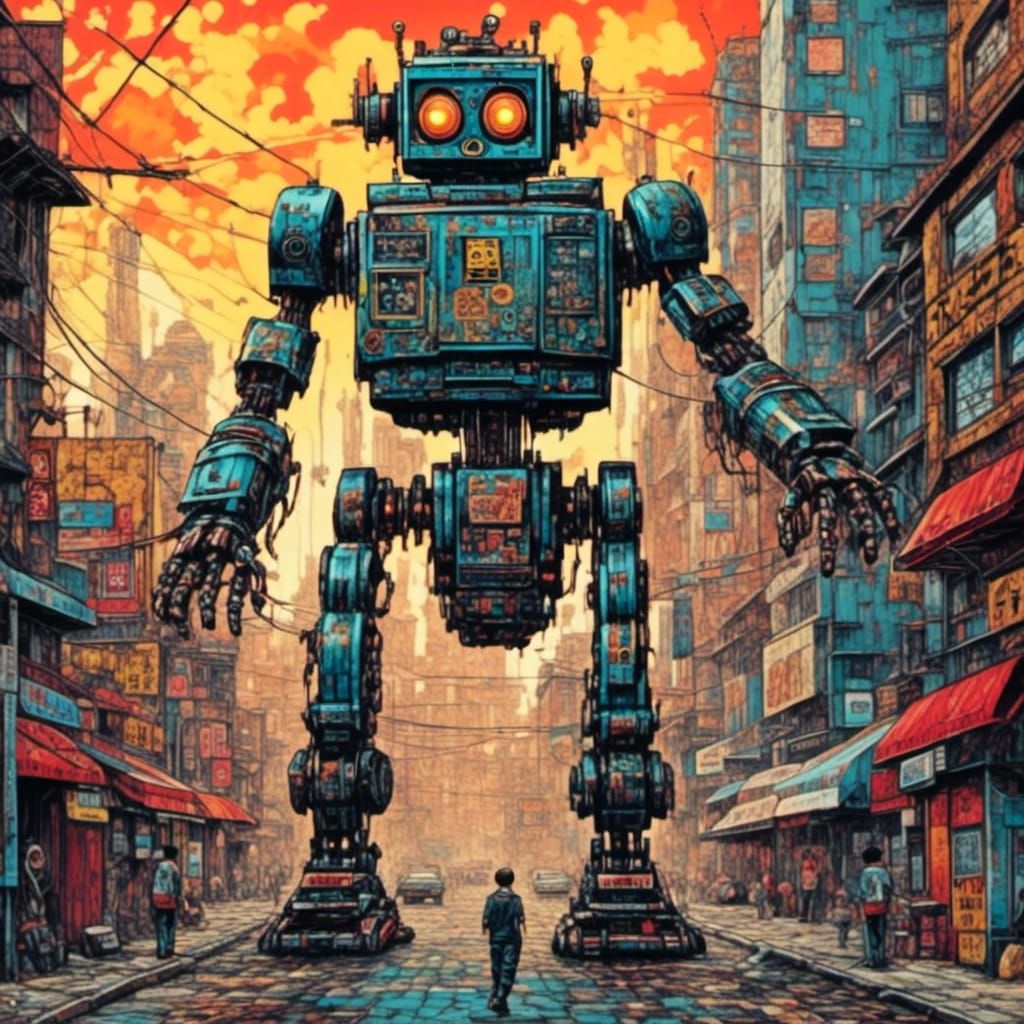 Sinister Robot Rampage in a Cityscape