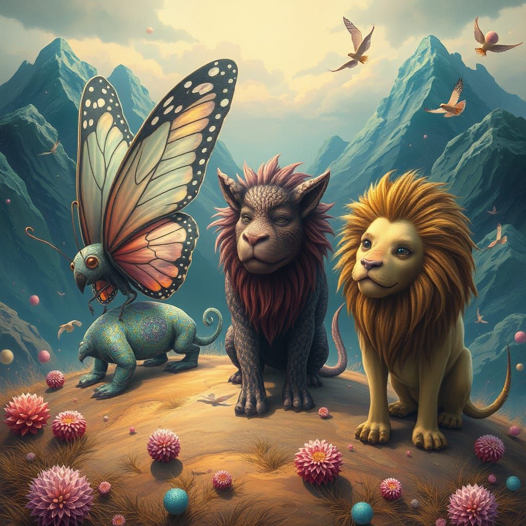 Dreamlike Creatures in a Surreal Landscape