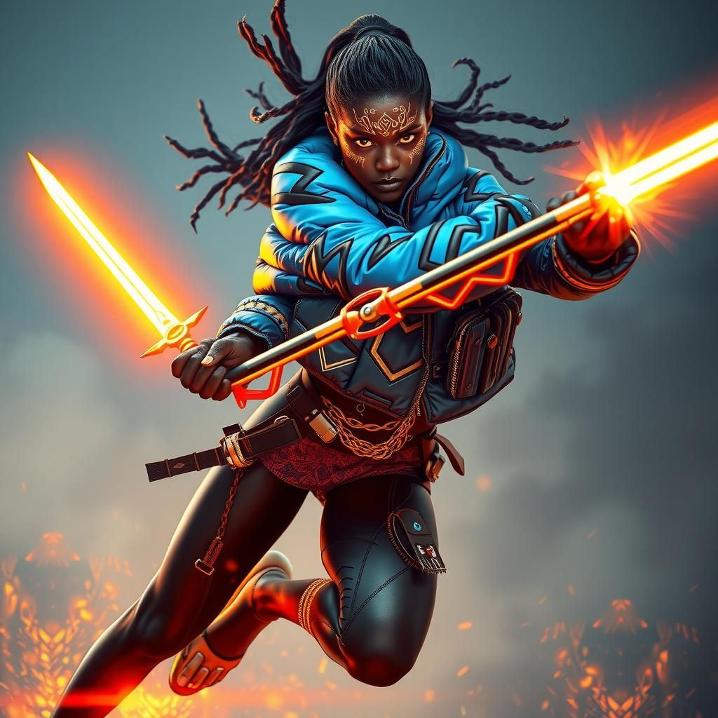 Cybernetic Warrior Leaps with Glowing Sword