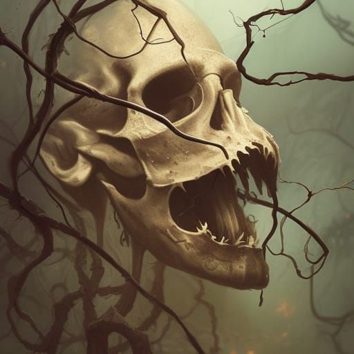 Eerie Skull with Vines, Hyperdetailed Forest Concept Art