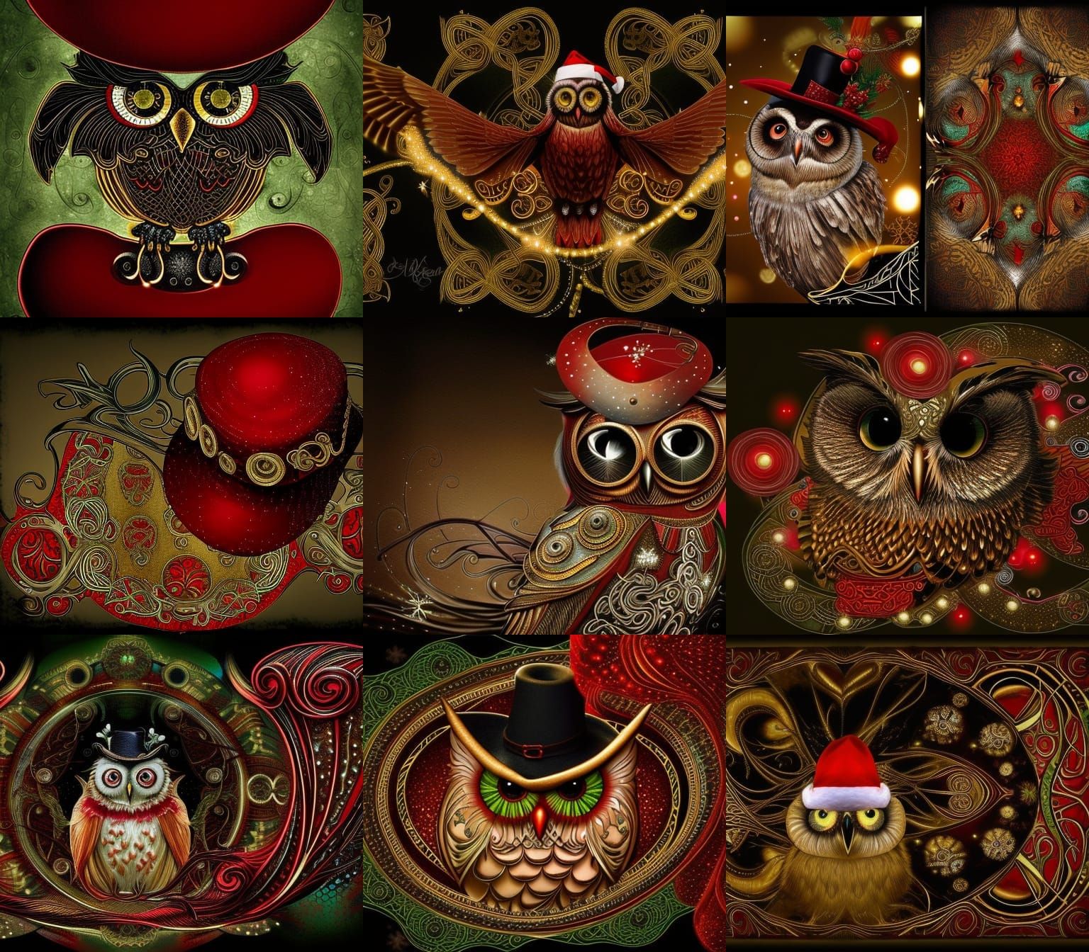 Intricate Art Nouveau Steampunk Owl in Red Hat