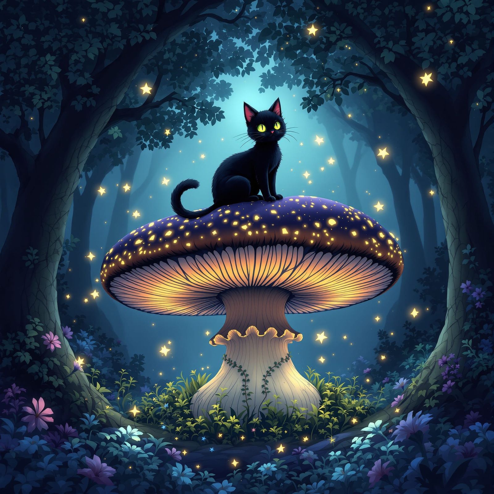 Black Cat on Mushroom in Enchanted Anime Forest