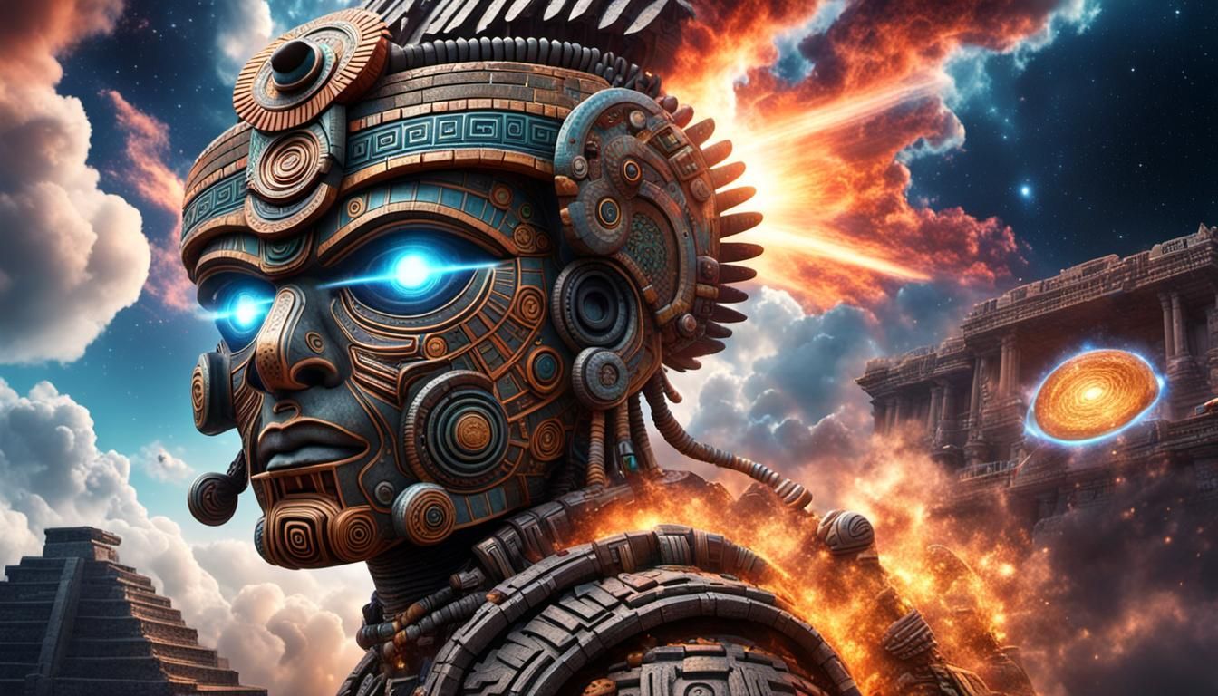 Aztec Cyborg God Face in an Infinity Exoplanet Cloud