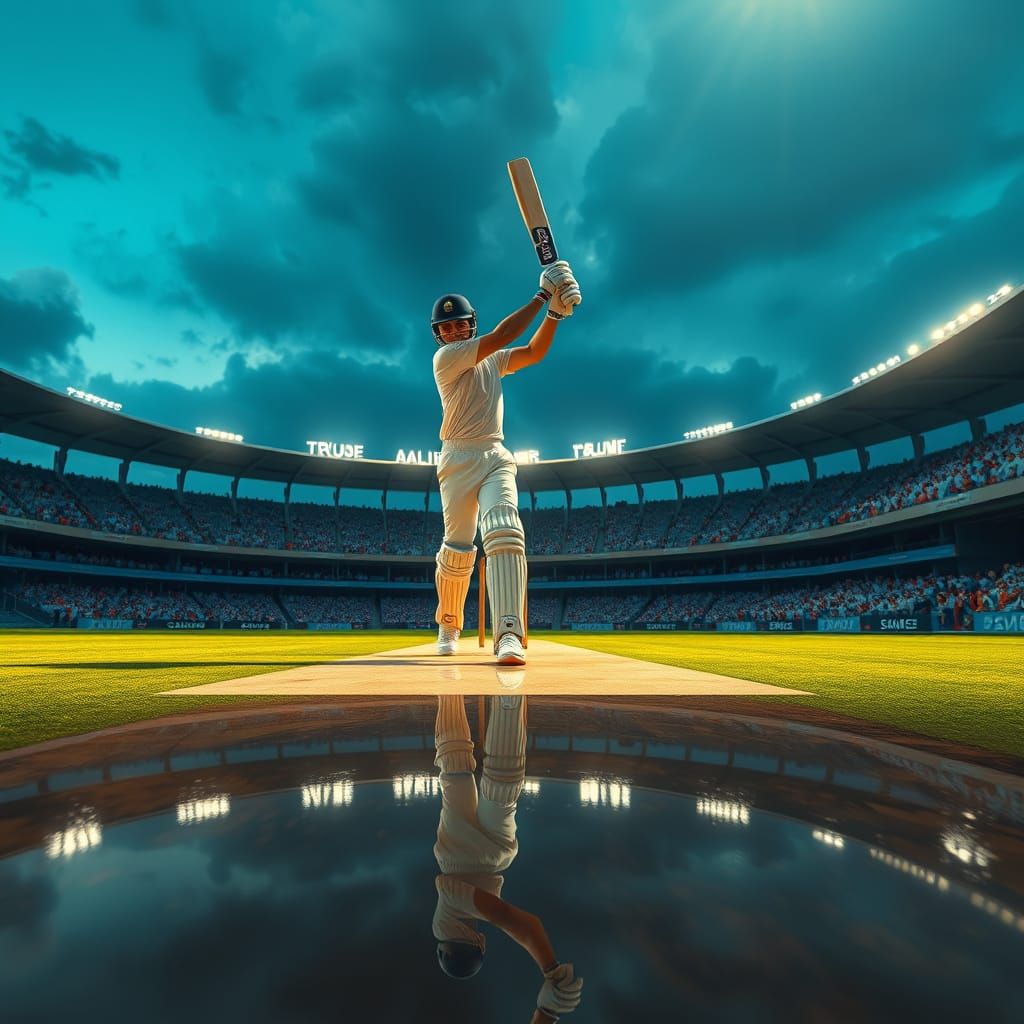 Serene Cricket Stadium Scene with Mirrored Reflection