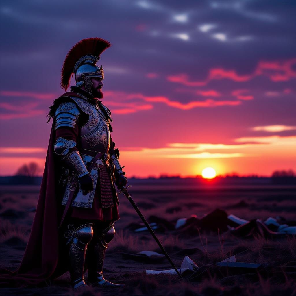 Winged Hussar on Battlefield at Dusk