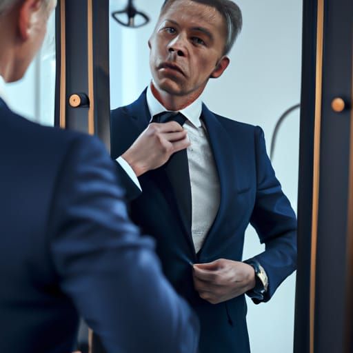 Confident Businessman Tying Necktie in Mirror