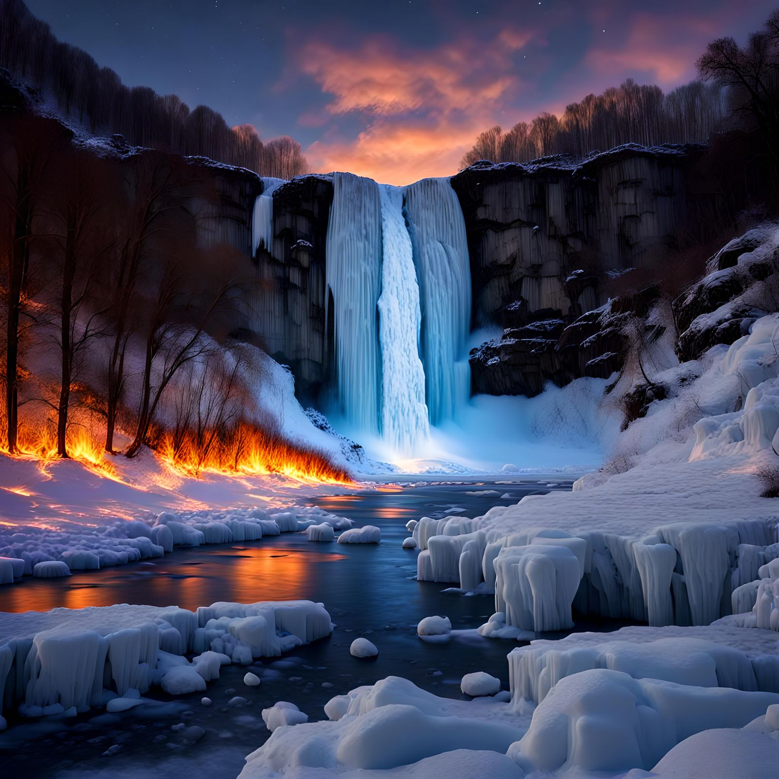 Frozen Waterfall Under Starry Sky with Fire