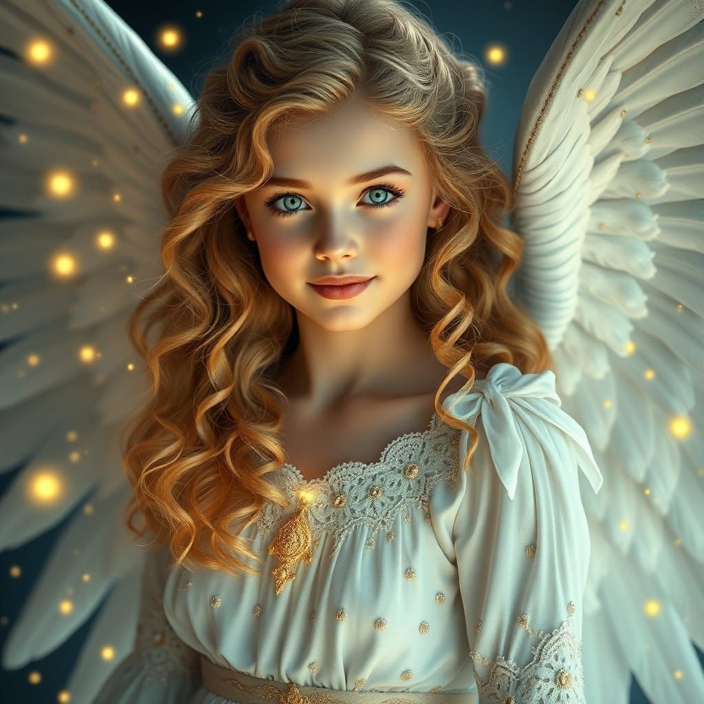 Beautiful Teenage Angel with Golden Hair and Emerald Eyes