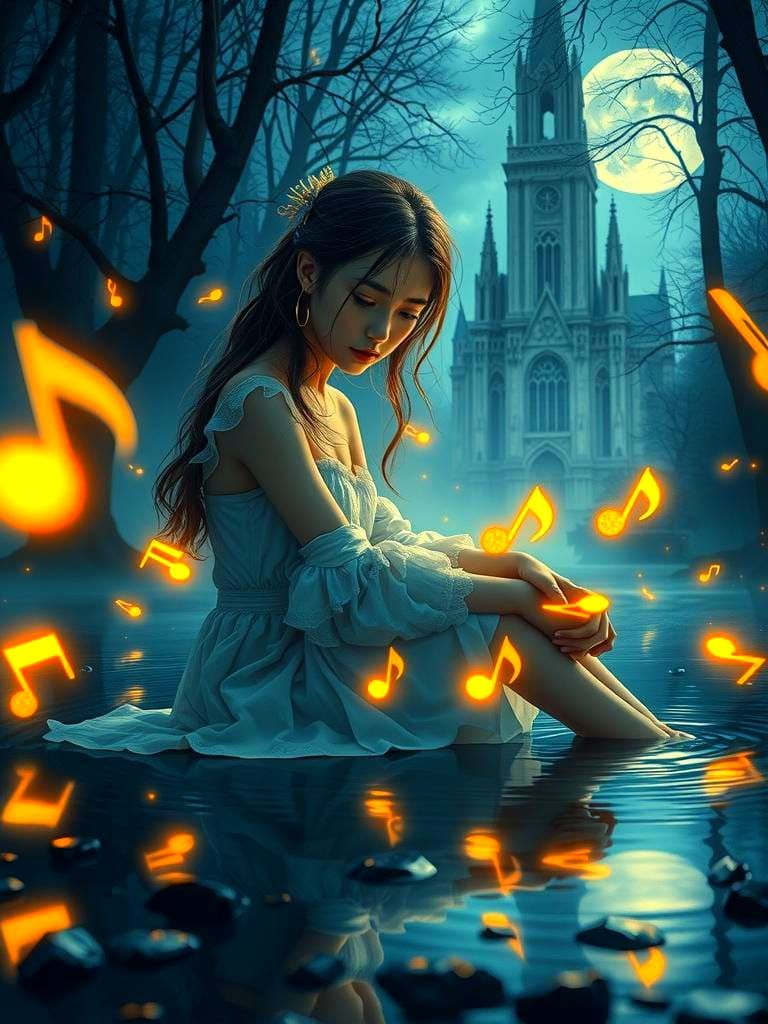 A Serene Muse Amidst Ethereal Music Notes