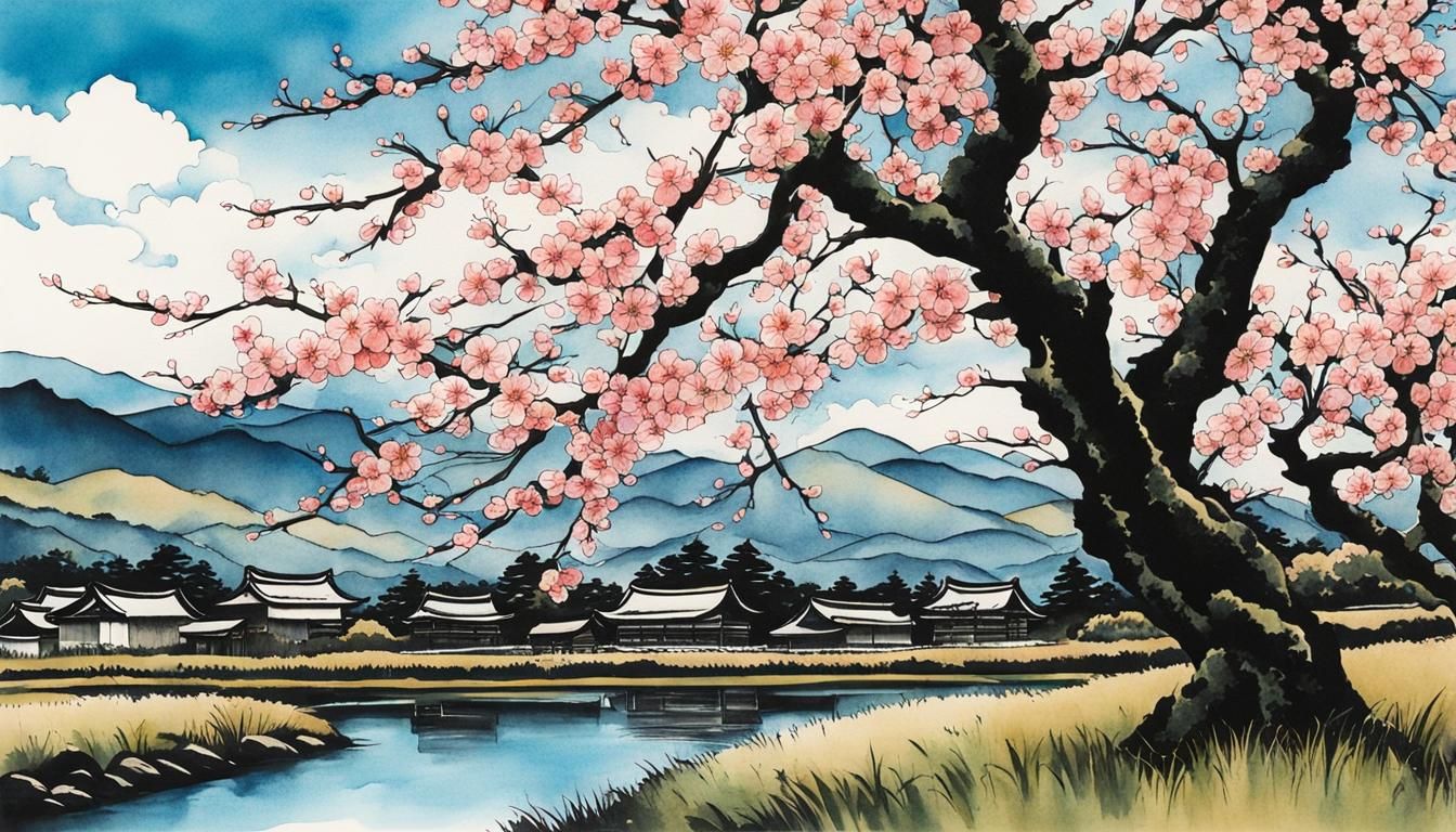 Japanese Countryside Cherry Blossoms in Watercolor