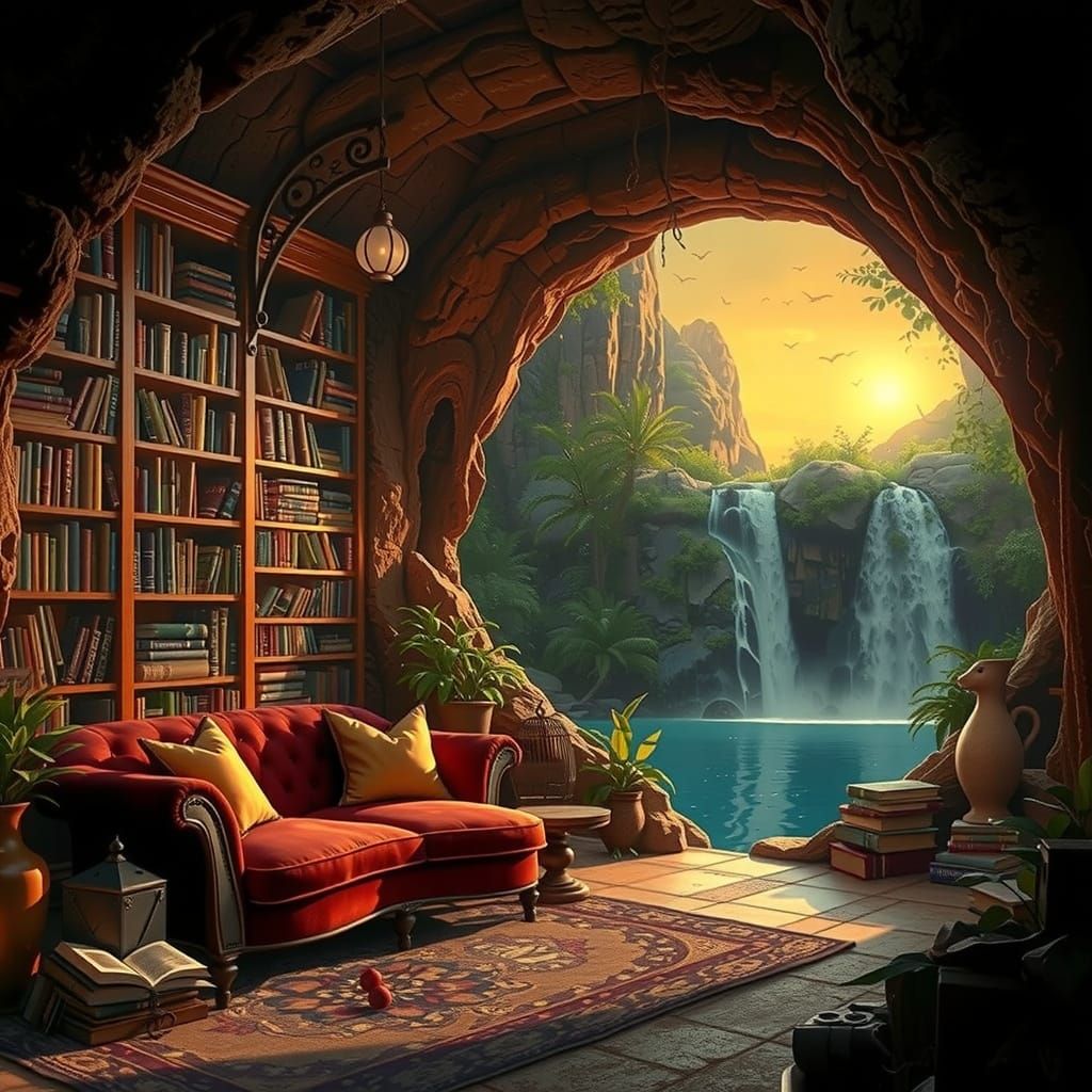 Cozy Cave Library with Tropical Waterfall Lagoon