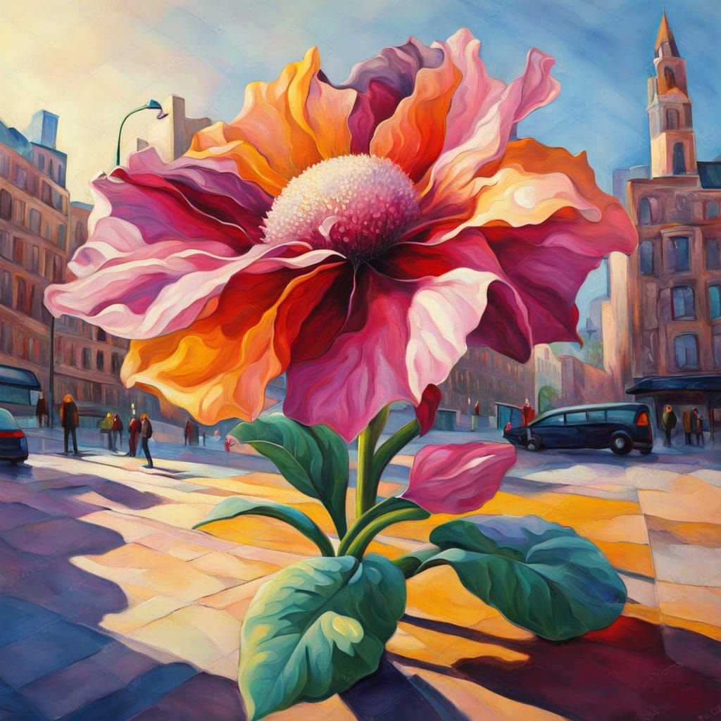 Giant Flower Blooms in City Center: Surreal Oil Painting