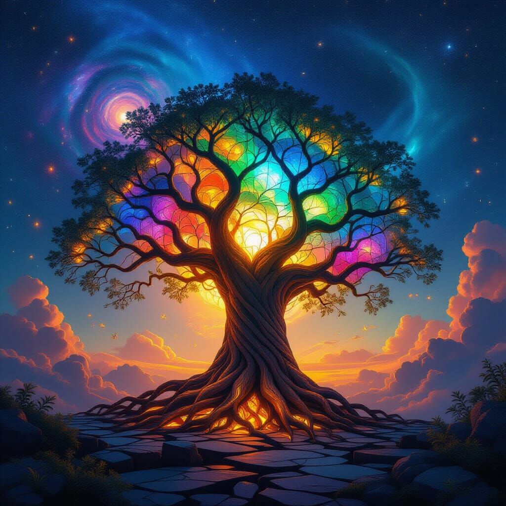Stained Glass Cosmic Tree in Nebula