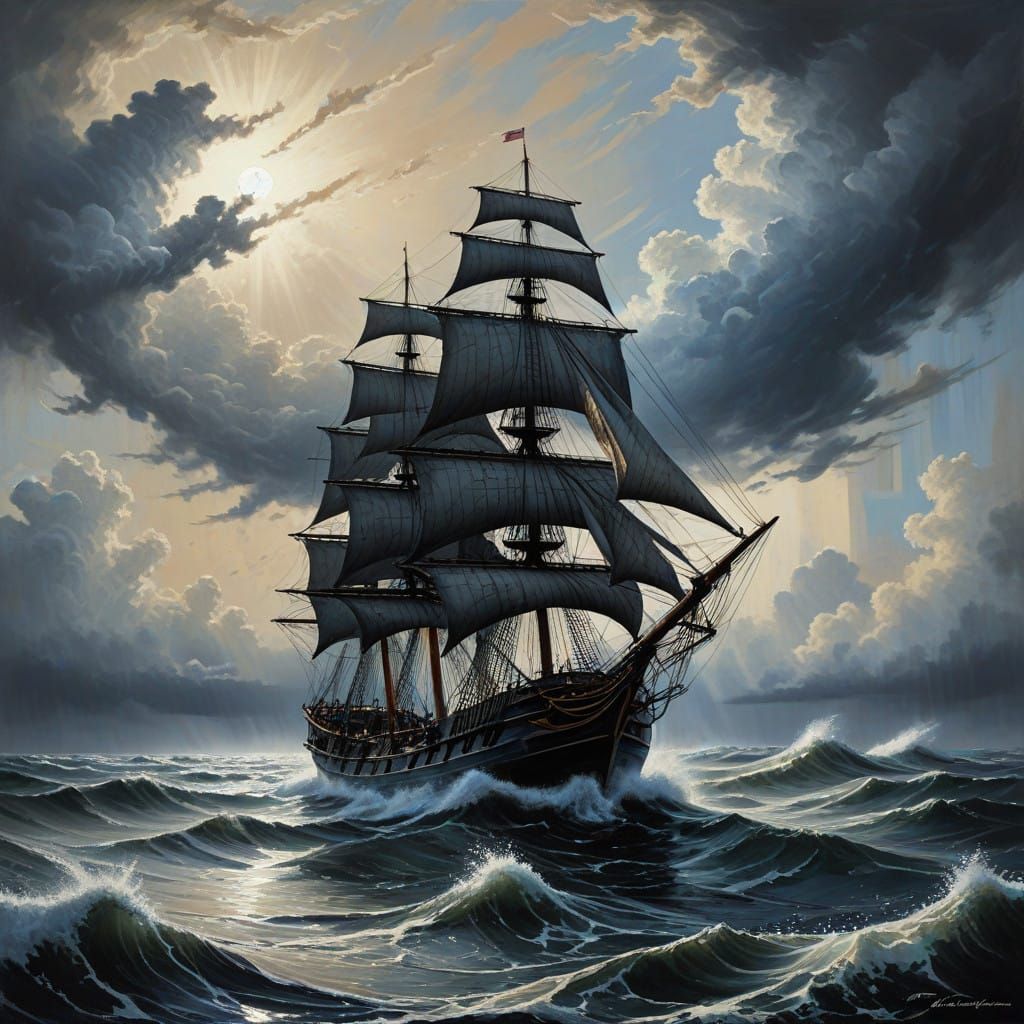 Dramatic Woodcut of 18th Century Sailing Ship in Turbulent S...